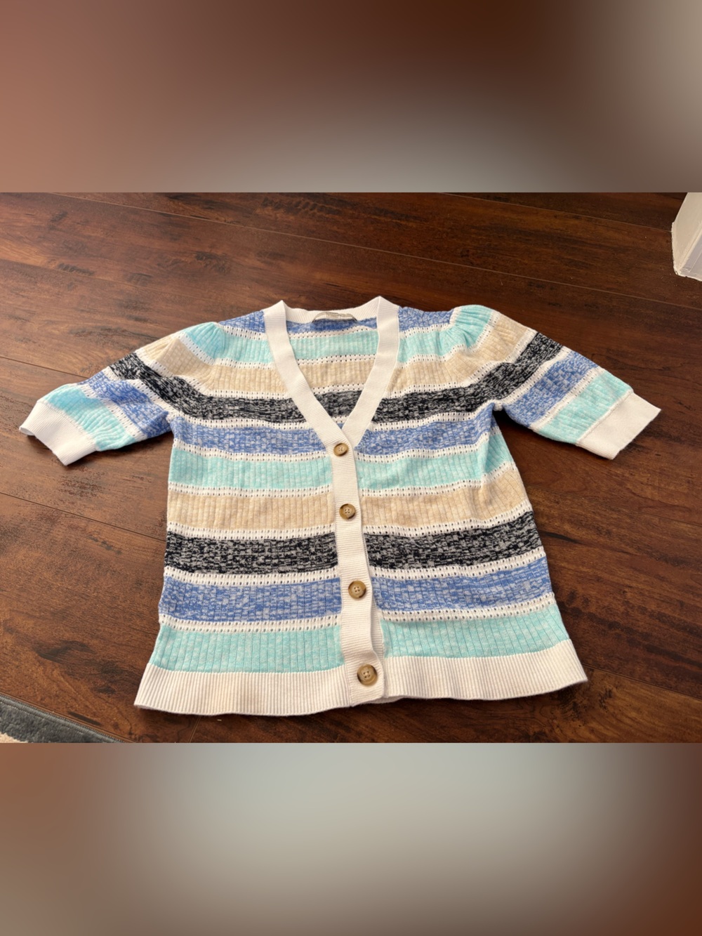LOFT Striped V-Neck Button Cardigan - Blue, Cream, Black